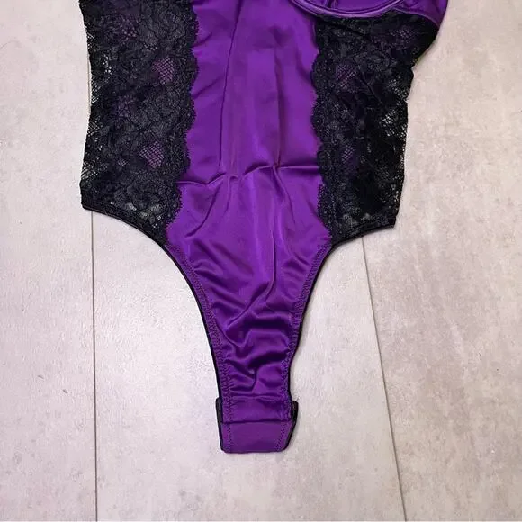 Fredericks of Hollywood Purple Black Ilana Lace Bodysuit Mesh Thong NWT Medium - Picture 4 of 15